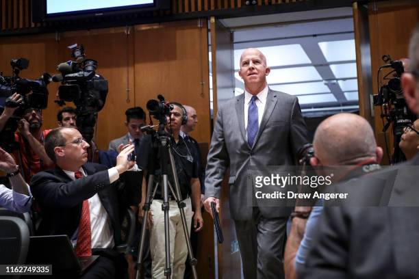 New York City Police Commissioner James O'Neill arrives for a press conference to announce the termination of officer Daniel Pantaleo on August 19,...