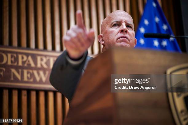 New York City Police Commissioner James O'Neill speaks during a press conference to announce the termination of officer Daniel Pantaleo on August 19,...