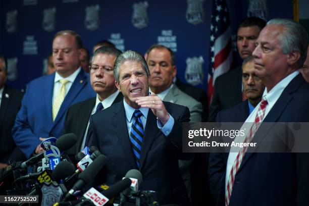 Pat Lynch, president of the NYC Police Benevolent Association, speaks during a press conference after the announcement of the termination of officer...