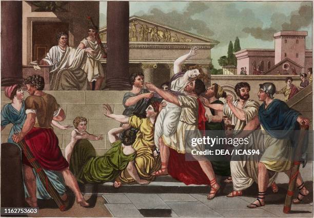 Decemvir Appius Claudius witnessing the attempted kidnap of Virginia or Verginia by Marcus Claudius, Plate 36, coloured engraving from L'antica Roma...