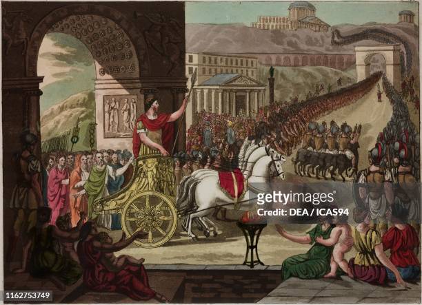 Roman leader on a quadriga parading under an arch of triumph after a war victory, Plate 41, coloured engraving from L'antica Roma ovvero descrizione...