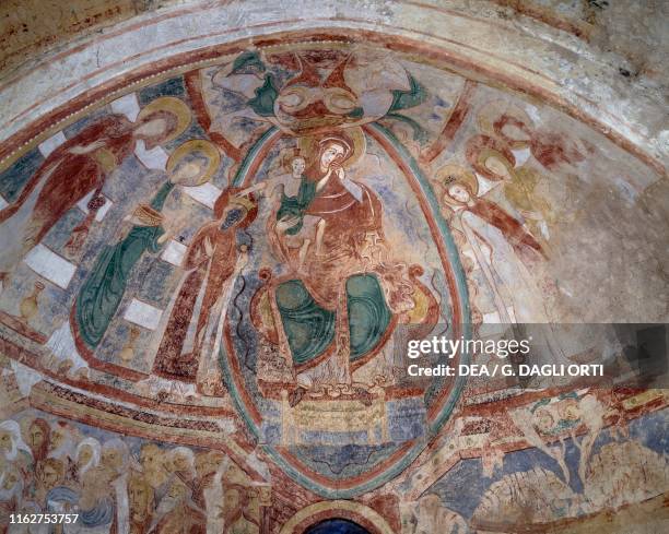 Virgin and Child, Mystic Marriage of St Catherine and Life of the Saint, Romanesque fresco in the St Catherine's Crypt, church of Notre-Dame,...