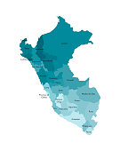 Vector isolated illustration of simplified administrative map of Peru. Borders and names of the departments (regions). Colorful blue khaki silhouettes