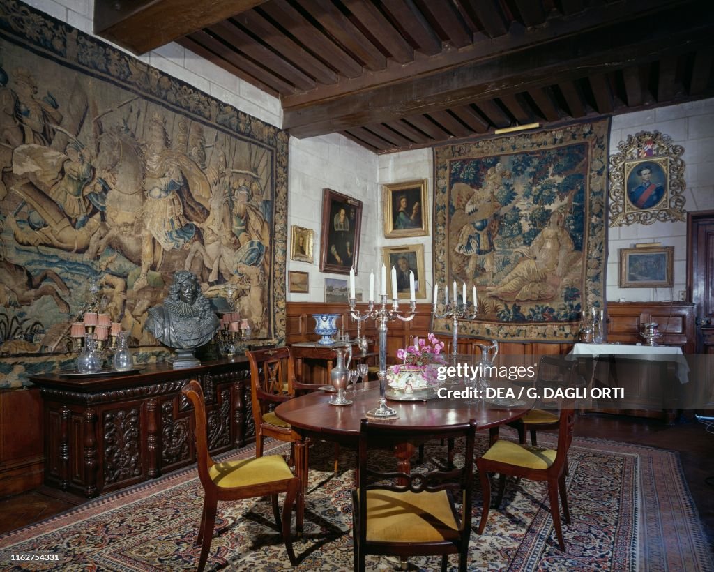 Dining room with furniture in Louis XVI style, Chateau de Gue-Pean ...