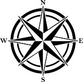 Compass rose with four abbreviated initials. Black navigation and orientation symbol.