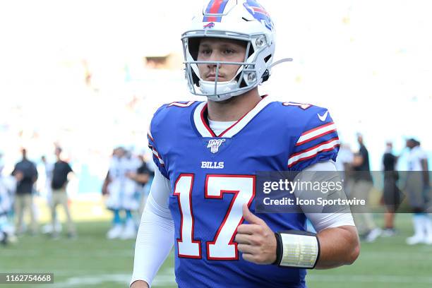 Josh Allen quarterback of Buffalo during a preseason NFL football game between the Buffalo Bills and the Carolina Panthers on August 16 at Bank of...
