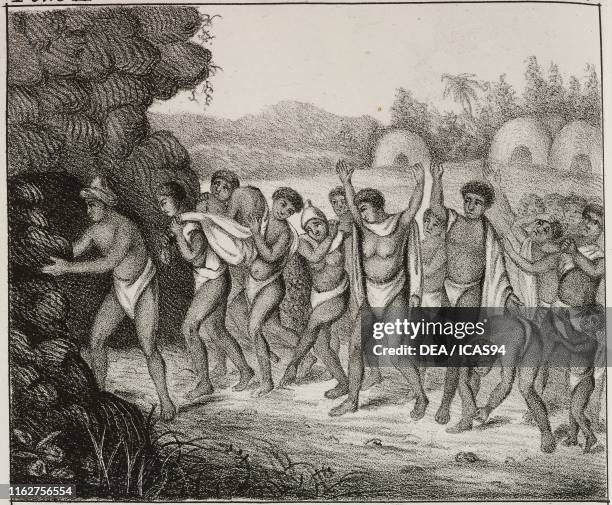 Burial rite of the Khoikhoi and Bantu people, Africa, lithograph, from Galleria universale di tutti i popoli del mondo, ossia storia dei costumi,...