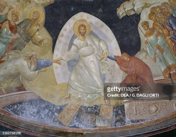 Anastasis, Christ rising Adam and Eve, 1315-21, fresco in the mortuary chapel of the Church of the Holy Savior in Chora, Istanbul, Turkey, 5th-14th...