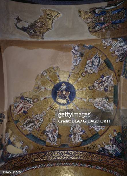 The Pentecost, descent of the Holy Spirit as a dove, mosaic of the Katholikon church, within the complex of Hosios Loukas monastery , Distomo,...