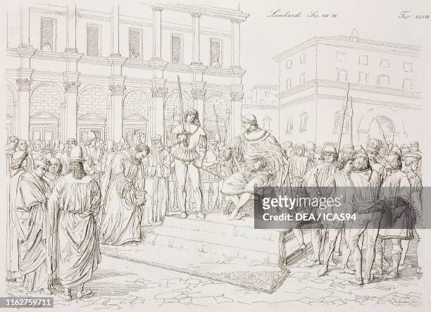 Lombards : Giovanni Galeazzo Visconti dressed as the protector of good studies, Italy, engraving by Valentini from a drawing by Gazzotto, from Il...