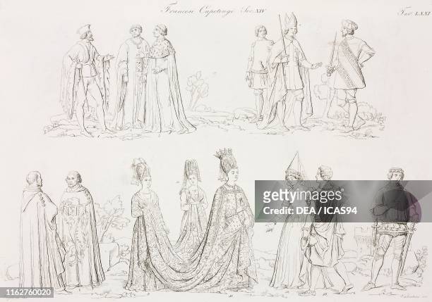 French Capetians : Queen Isabeau of Bavaria, wife of Charles VI, peers of secular and ecclesiastical France, civil and military costumes, engraving...