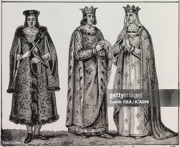 The King of France, Louis IX the Saint and the king with his wife Margaret of Provence, lithograph, from Galleria universale di tutti i popoli del...