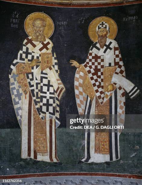 Saint Gregory the Theologian and Saint Cyril of Alexandria, 14th century, fresco in the mortuary chapel of the Church of the Holy Savior in Chora,...