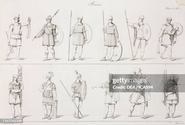 Retiarius, soldiers, slingers, insignia bearers, engraving by Buttazzon from a drawing by Eugenio Bosa, from Il costume di tutti i tempi e di tutte...