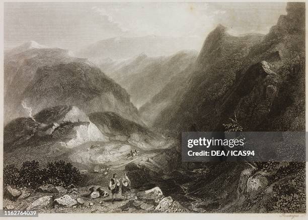 The road from Nafplio to Corinth, Greece, engraving by Rouargue, from Antica e nuova Grecia, Scene elleniche , volume 2, by Angelo Brofferio Turin.