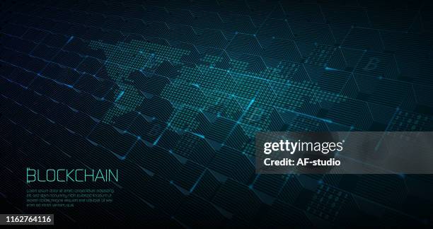 abstract blockchain global network background - world map 3d stock illustrations