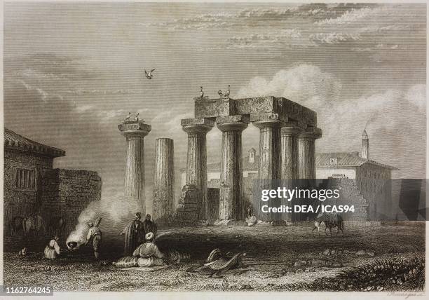 The temple of Apollo in Corinth, Greece, engraving by Rouargue, from Antica e nuova Grecia, Scene elleniche , volume 2, by Angelo Brofferio Turin.