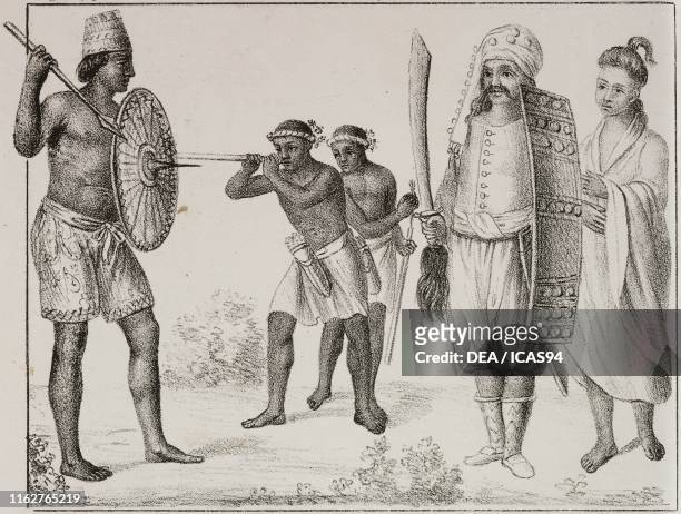 Buginese man, Sulawesi; Makassar Men, Sulawesi; Man and woman from Ambon Island, Moluccas, Indonesia, lithograph, from Galleria universale di tutti i...