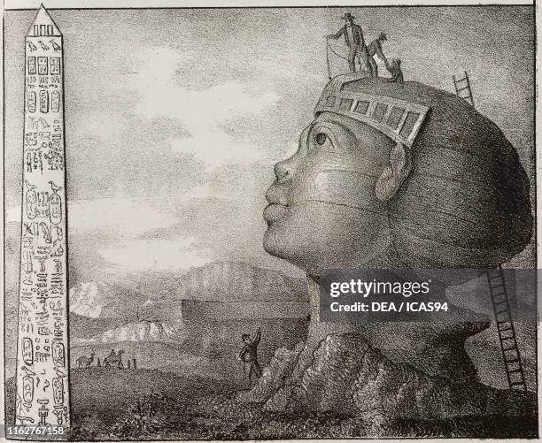 Cleopatra's obelisk; Sphinx of Giza, Egypt, Africa, lithograph, from Galleria universale di tutti i popoli del mondo, ossia storia dei costumi,...