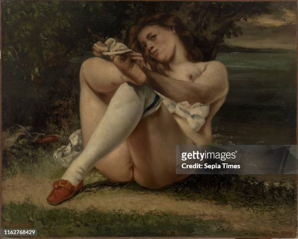Woman with White Stockings , Gustave Courbet Oil on canvas, Traditionally, European painters made the nude subject decorous by presenting it as part...