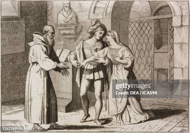 The marriage of Romeo and Juliet blessed by Friar Lorenzo, engraving by Lasinio from a painting by Francesco Hayez, from Giulietta e Romeo , an...