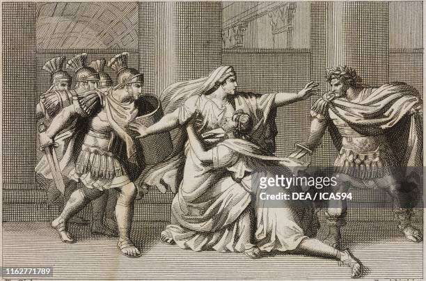 Geta killed by Caracalla in the arms of his mother Jiulia Domna , Plate 27, engraving by Persichini from a drawing by Pinelli, from The History of...