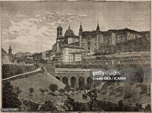 View of Urbino with the Ducal Palace, Marche, Italy, engraving from Le passeggiate al Pincio , by Emma Perodi, published by Paravia, Italy.