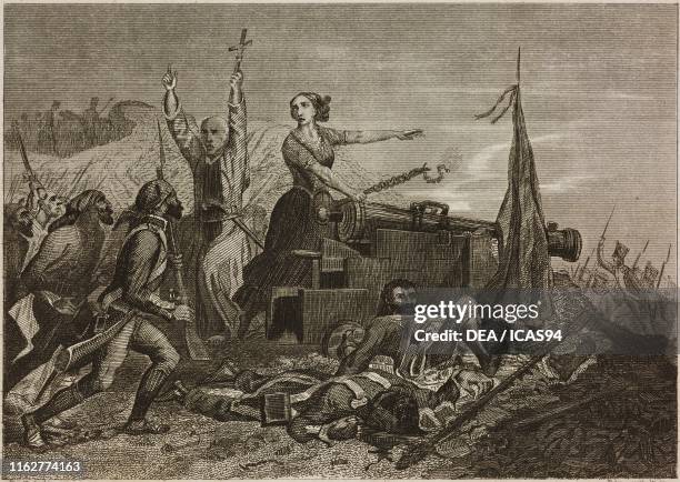 Agustina de Aragon defending the city of Zaragoza from the besiegers, a cannon in the foreground, Spain, Peninsular War, engraving by Demczynski...