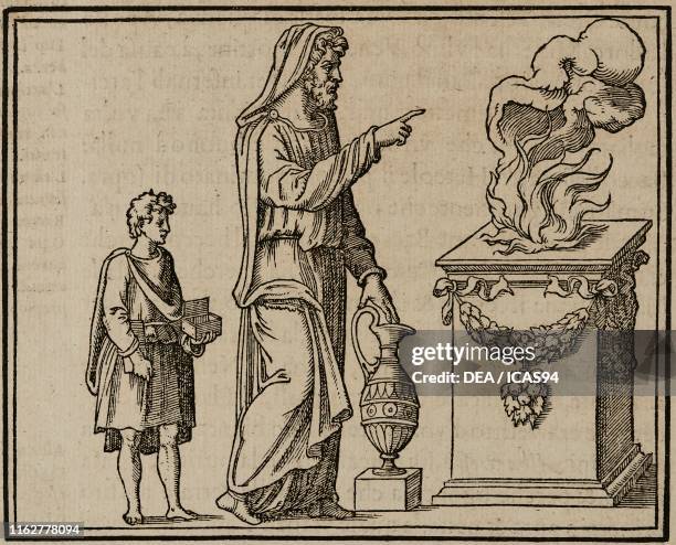 Priest making a sacrifice on an altar , accompanied by a page, from a relief in Rome, Italy, Roman civilization, engraving from Discorso sopra la...