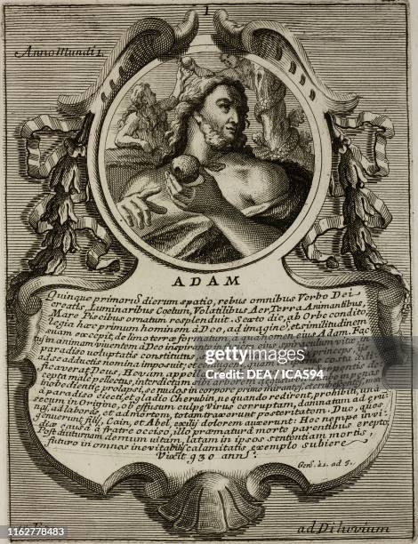 Portrait of Adam with the apple, human biblical figure, engraving from Epitome historico-chronologica gestorum omnium patriarcharum, ducum, judicum,...