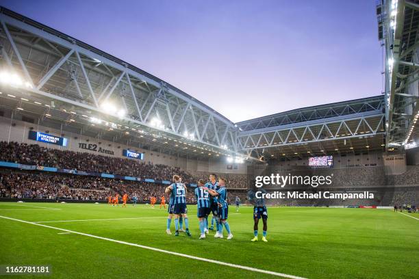 Players from Djurgardens IF celebrate the 3-0 goal scored by Nicklas Barkroth during an Allsvenskan match between Djurgardens IF and AFC Eskilstuna...