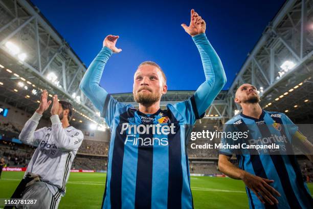 Nicklas Barkroth thanks supporters after an Allsvenskan match between Djurgardens IF and AFC Eskilstuna at Tele2 Arena on August 19, 2019 in...