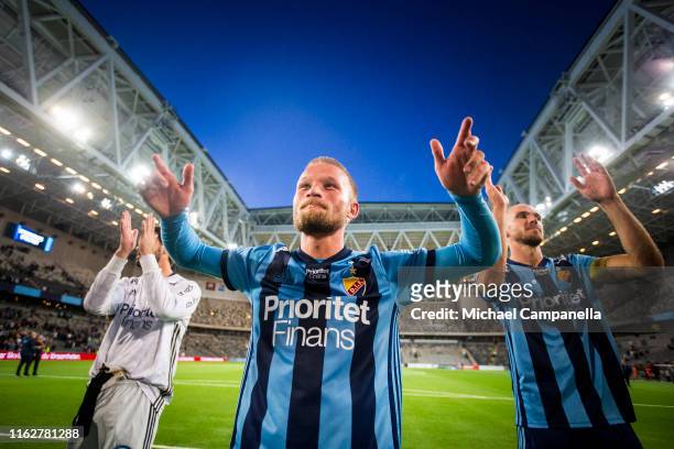 Nicklas Barkroth thanks supporters after an Allsvenskan match between Djurgardens IF and AFC Eskilstuna at Tele2 Arena on August 19, 2019 in...