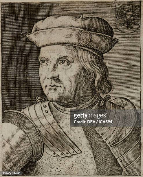 Portrait of Ercole I d'Este , Duke of Ferrara, engraving from Ritratti et elogii di capitani illustri , by Giulio Roscio, Agostino Mascardi, Fabio...