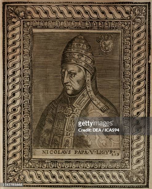 Portrait of Pope Nicholas V , engraving from Le vite de pontefici di Antonio Ciccarelli Rome.