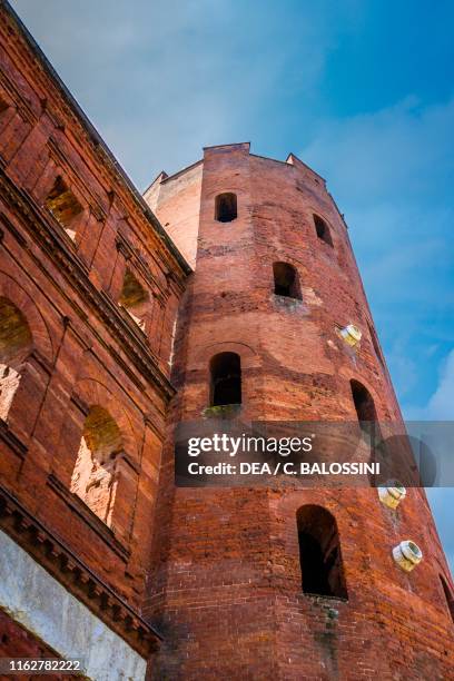One of the tower of Porta Palatina, ancient Roman gate, 1st century BC, Turin, Piedmont, detail.