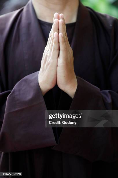 Ho Phap buddhist temple. Monk praying. Close-up on hands. Vung Tau. Vietnam.