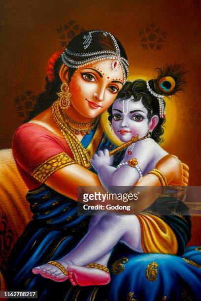 Hindu god Krishna with his foster mother. Bhaktivedanta manor, Watford, U.K.