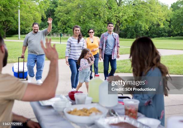 the rest of the family arrives and waves - pavilion stock pictures, royalty-free photos & images