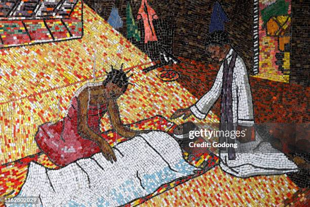 Saint Paul's catholic cathedral, Abidjan, Ivory Coast. Mosaic. Priest anointing a sick person.