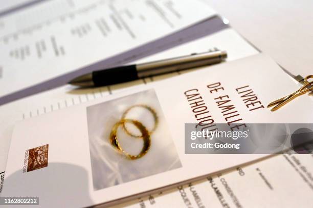 Catholic wedding ceremony. Family register. Menthon Saint Bernard . France.