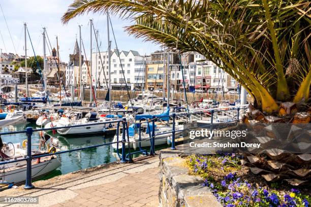 moored yachts in the harbour at st peter port, guernsey, channel islands uk - guernsey stock-fotos und bilder