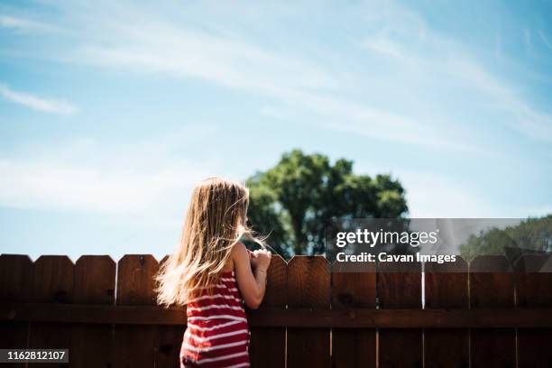girl looks over fence in backyard on a sunny summer day - zaun stock-fotos und bilder