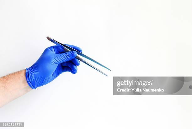 medicine and surgery theme: doctor's hand in a blue glove holding tweezers isolated on white background, isolate. - tweezers stockfoto's en -beelden