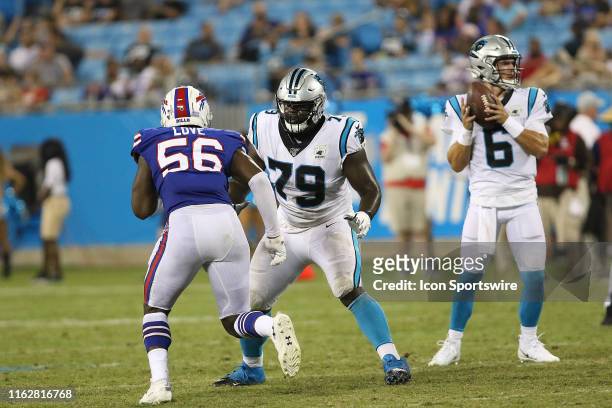 Kofi Amichia defensive tackle of Carolina during a preseason NFL football game between the Buffalo Bills and the Carolina Panthers on August 16 at...