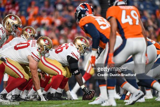The San Francisco 49ers offense lines up on offense behind offensive guard Najee Toran during a preseason National Football League game against the...