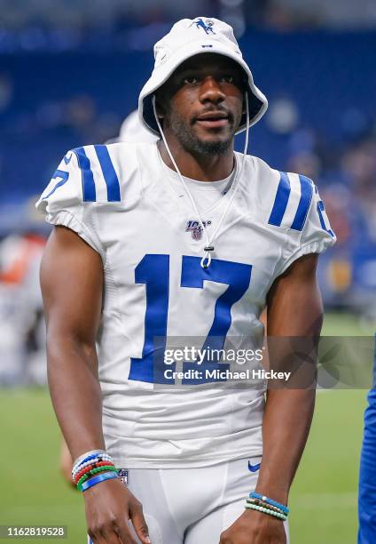 Devin Funchess of the Indianapolis Colts is seen during the preseason game against the Cleveland Browns at Lucas Oil Stadium on August 17, 2019 in...