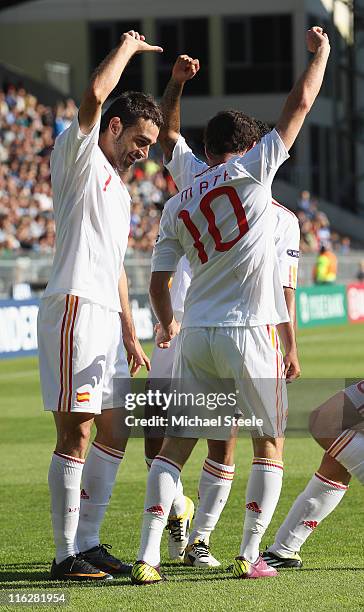 Adrian of Spain celebrates scoring the first goal with Juan Mata during the UEFA European Under-21 Championship Group B match between Czech Republic...