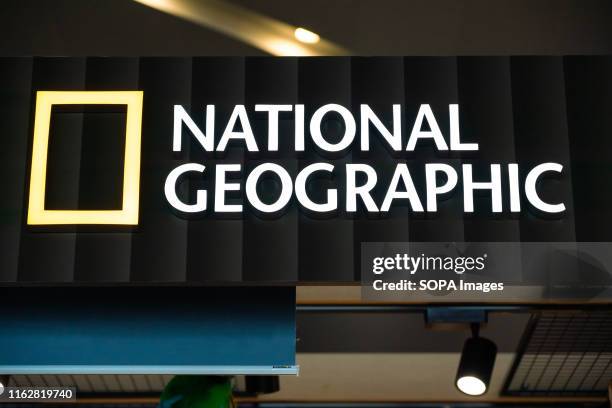 National Geographic logo, one of the largest non-profit scientific and educational organisations, seen in Shanghai Hongqiao International Airport.