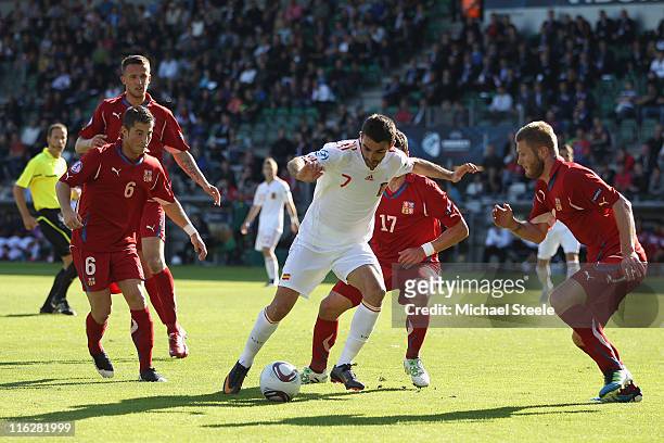 Adrian of Spain surrounded by Lukas Vacha Marek Suchy and Ondrej Mazuch during the UEFA European Under-21 Championship Group B match between Czech...